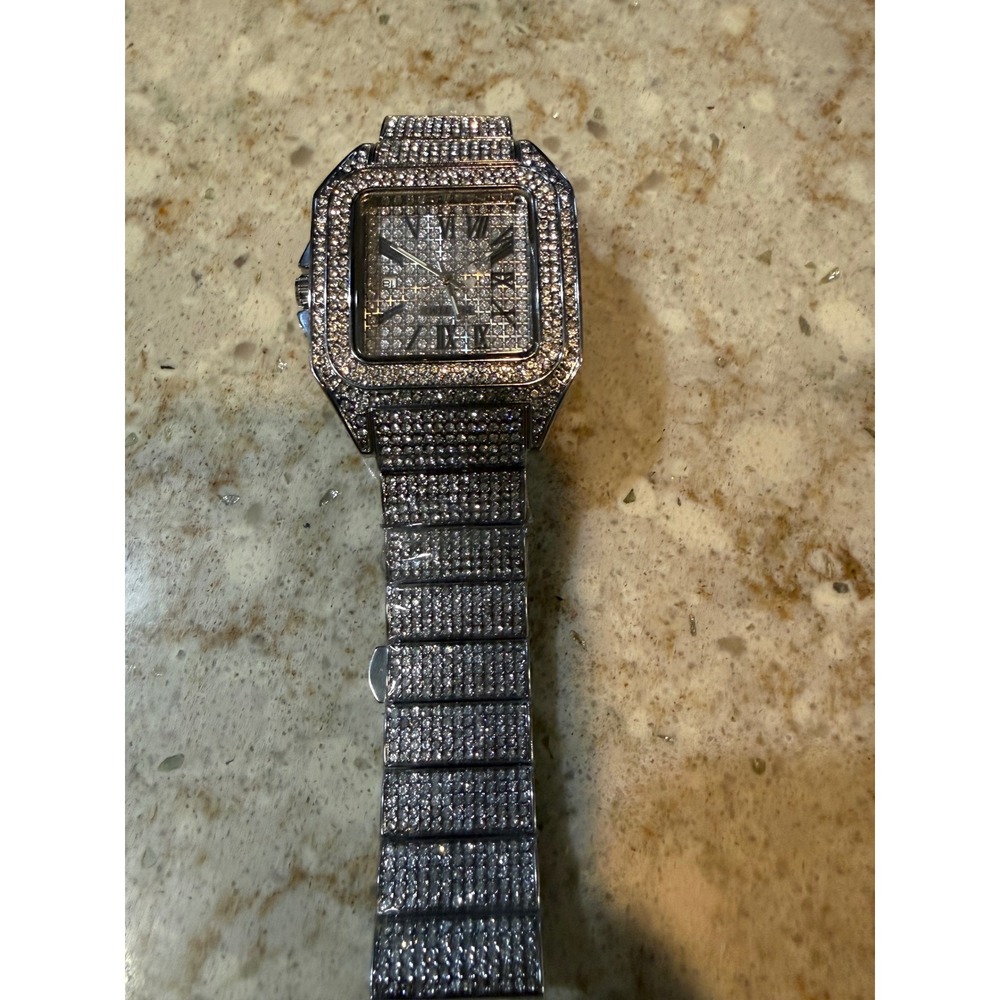 PINTIME Iced Out Silver Tone Square Quartz Watch Roman Numeral Date Rhinestone